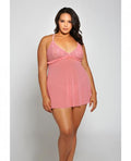 Galloon Lace & Fine Mesh Babydoll & G-string Pink 1x