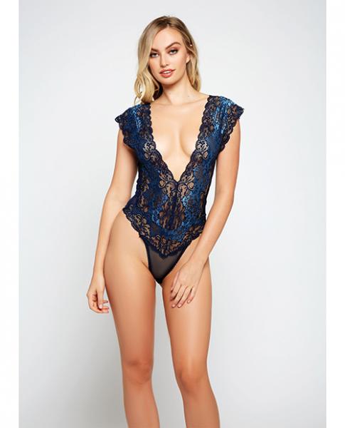 Lace & Mesh Deep V Teddy Blue Md