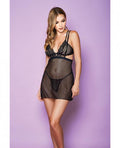 Strappy Soft Cup Stripe Mesh Caged Under Bust Chemise & G-string Black Md