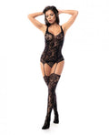 Floral Fishnet Bodice W/attached Garters & Thigh High Stockings Black O/s