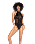 Mesh & Wet Look Halter Bodysuit Black S/m