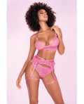 Floral Lace Bra, Ruffle Garter Belt & Panty Sunset Pink S/m