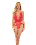 Sloane Soft Cup Deep Plunge Teddy W/side Lace Up Ribbon Detail Red S/m