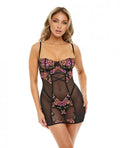 Natty Underwire Fitted Babydoll W/embroidery & G-string  Black/multi Color Md
