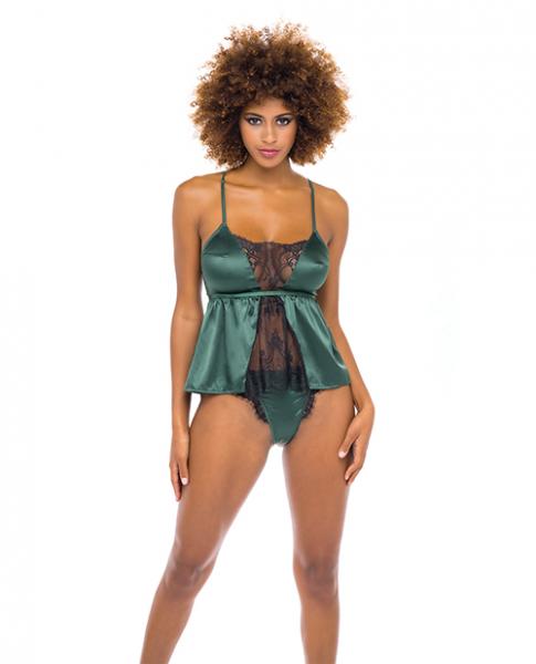 Cammi Eyelash & Satin Cami W/tanga Panty Dark Green/black L/xl