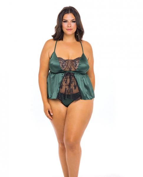 Cammi Eyelash & Satin Cami W/tanga Panty Dark Green/black 3x/4x