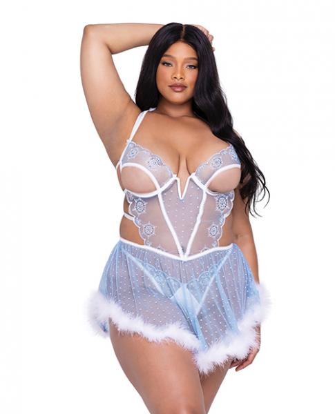 Holiday Snow Queen Metallic Snowflake Embroidered Babydoll W/marabou Hem & Thong Blue/white 1x