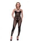 Flirty Fetish Fishnet & Faux Leather Catsuit W/satin Trim Black Sm