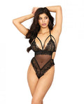 Stretch Lace & Mesh T Back Thong Black Lg