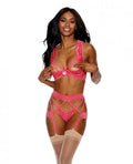Lace Underwire Peek A Boo Bra, Garterbelt & G-string Coral Sm