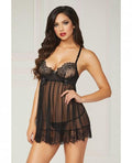 Eyelash Galloon Lace & Mesh Babydoll & Thong Black Sm