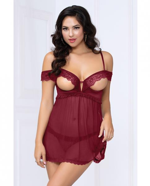 Lace & Mesh Open Cups Babydoll W/fly Away Back & Panty Wine Lg