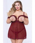 Lace & Mesh Open Cups Babydoll W/fly Away Back & Panty Wine 3x/4x