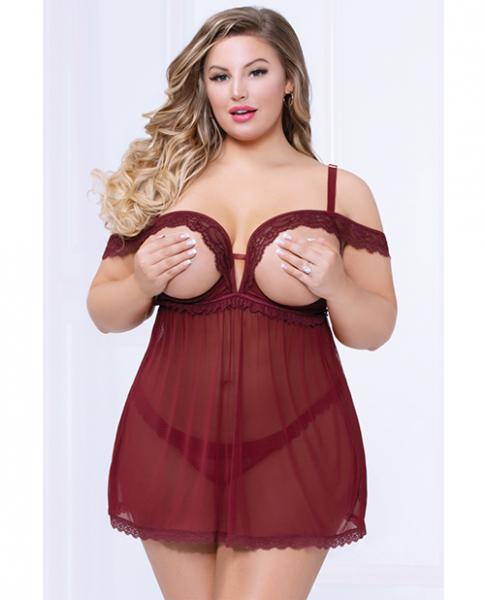 Lace & Mesh Open Cups Babydoll W/fly Away Back & Panty Wine 3x/4x