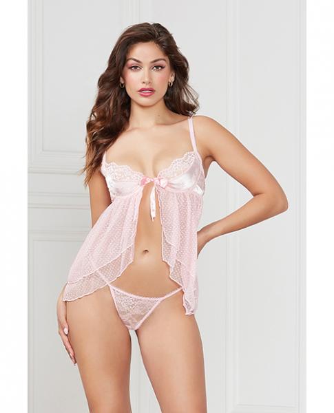 Satin Jacquard Dot Mesh Scallop Lace Babydoll & G-string Light Pink Md