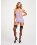 Lace & Mesh Triangle Cup Chemise W/garters & Thong Lavender Md