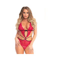 Scalloped Lace Teddy W/cross Straps And Panty S/m Fuchsia