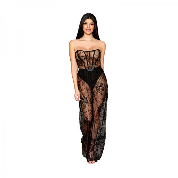 Dreamgirl Floral Lace Lingerie Romper And High-waisted Thong Set Black L
