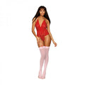 Stretch Lace Garter Teddy W/ Heart Chain Ruby O/s