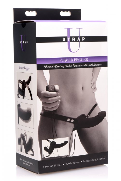 Power Pegger Silicone Vibrating Double Dildo With  Harness - Black